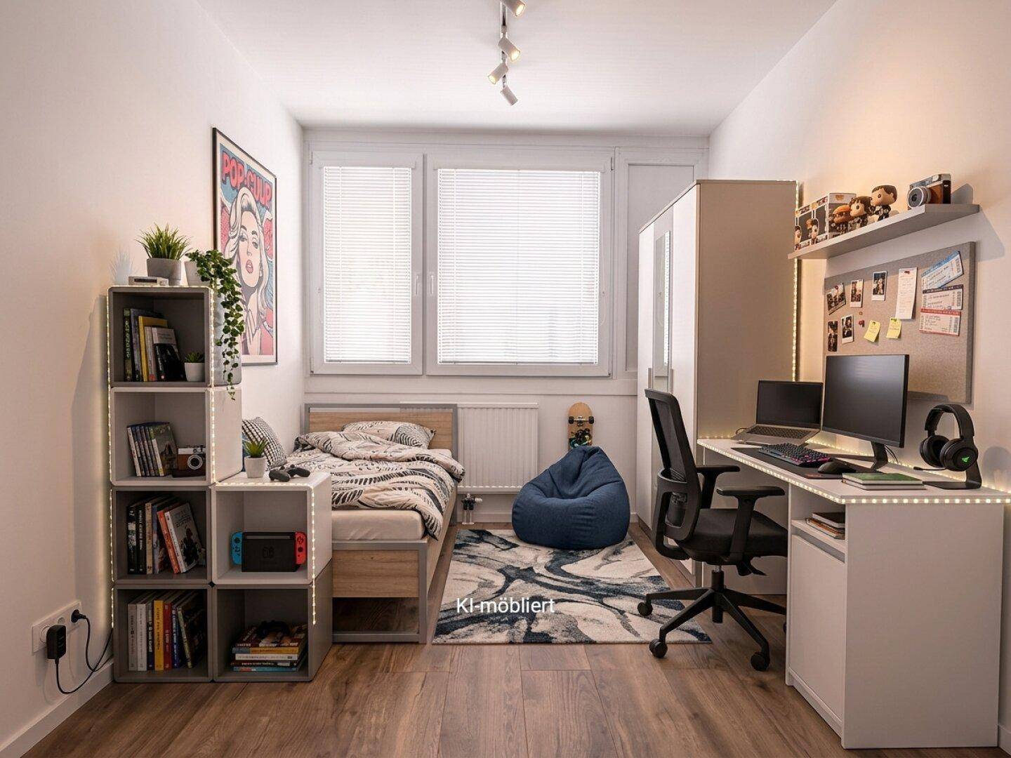 Modern eingerichtetes Jugendzimmer mit Einzelbett, Schreibtisch und Regalen, ideal für Studierende oder Kinder.