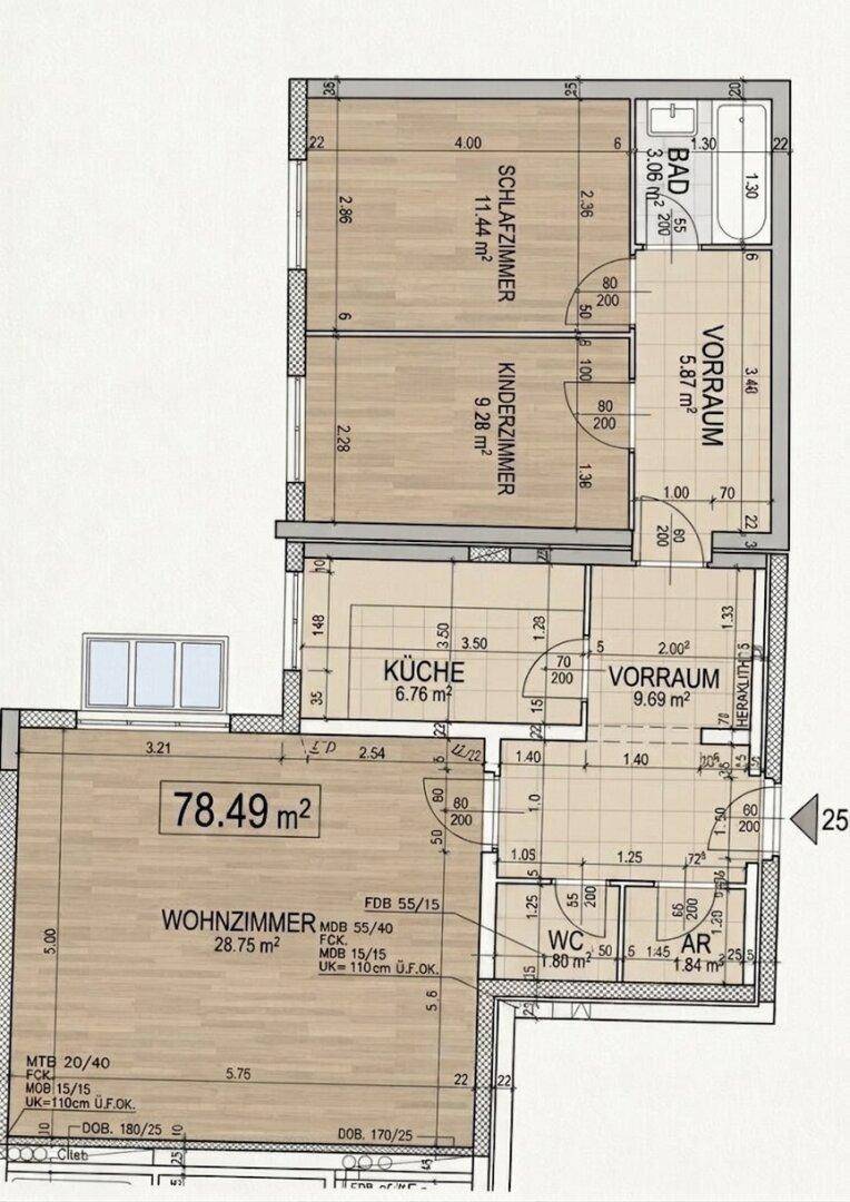 Detaillierter Grundriss der Wohnung mit Raumaufteilung und Flächenangaben für Schlafzimmer und Wohnbereich.