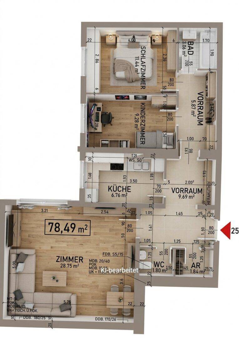 Möblierter Grundriss der Wohnung mit detaillierter Raumaufteilung und Einrichtungsvorschlägen für alle Bereiche.