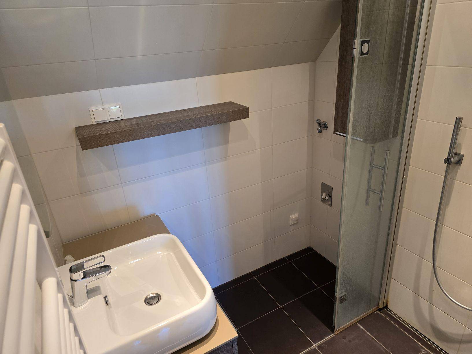 Modernes Badezimmer mit Dusche, Waschbecken und dunklen sowie hellen Fliesen.
