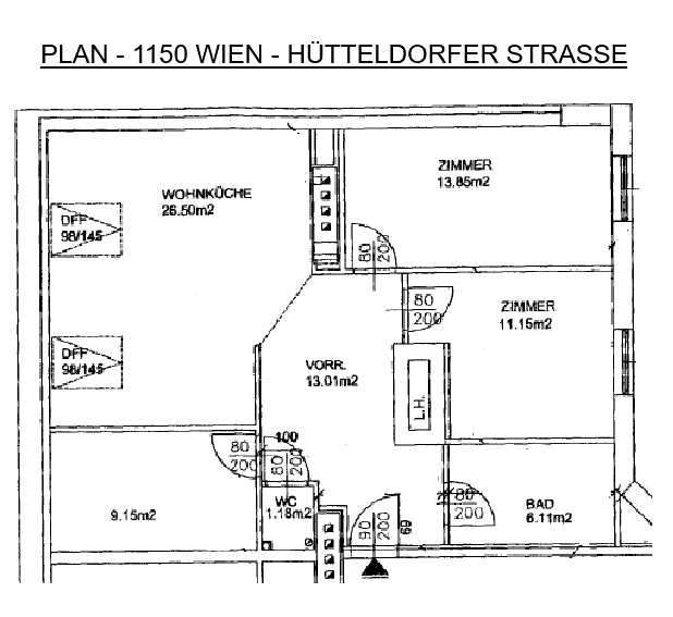Grundriss der Wohnung mit Raumaufteilung und Flächenangaben in Quadratmetern.