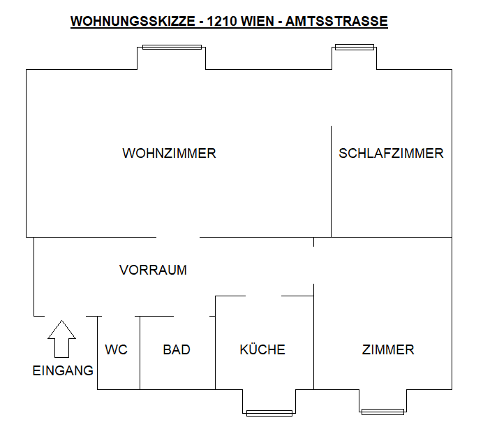 Grundriss der Wohnung mit Wohnzimmer, Schlafzimmer, Küche und Bad.