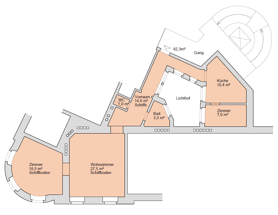 Grundriss der Wohnung mit mehreren Zimmern, Küche und Bad, inklusive Flächenangaben.