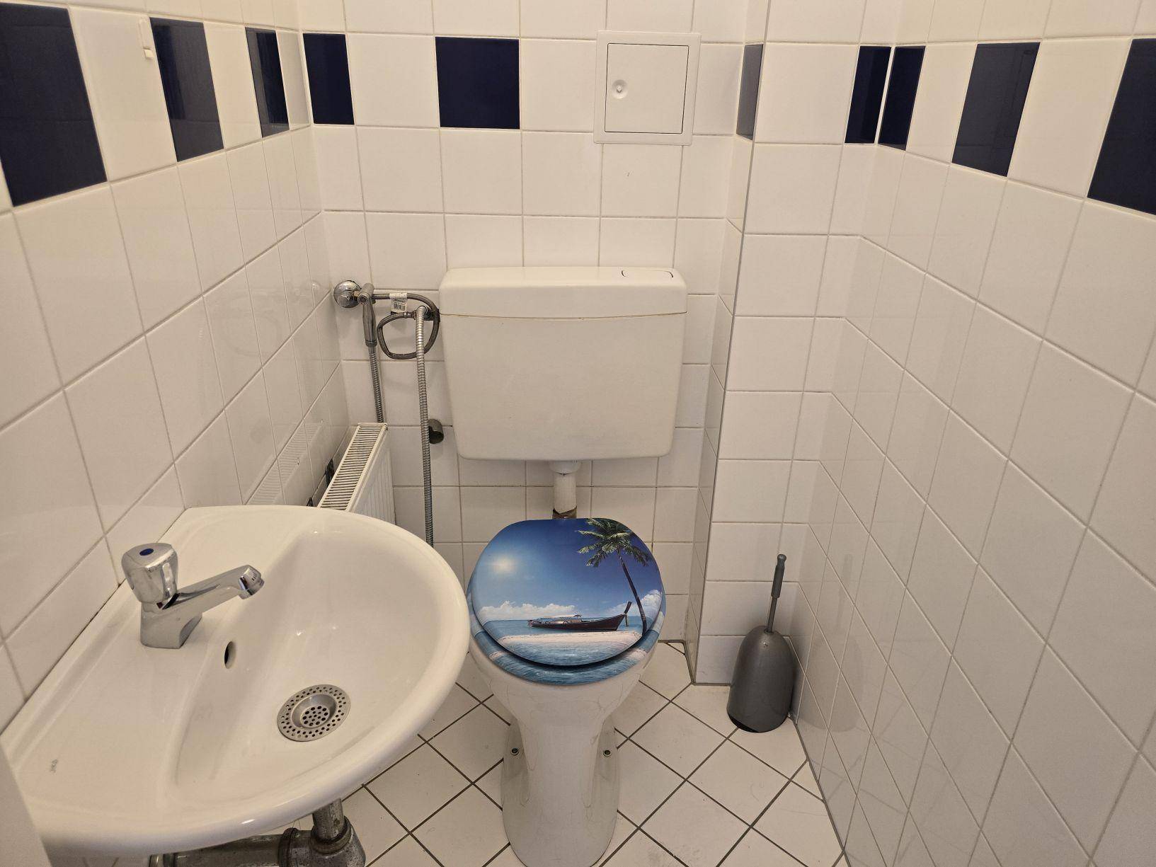 Kleines Gäste-WC mit weißen Fliesen, blauem Dekorstreifen, Toilette und Handwaschbecken.