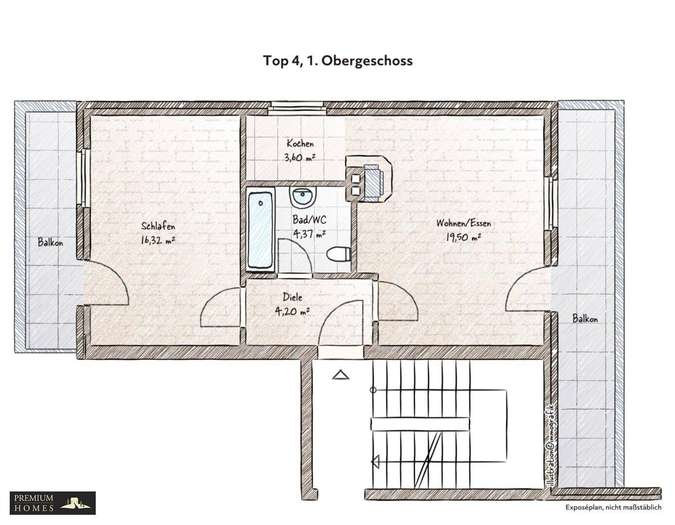 Alpbach - 2 Zimmer Wohnung im 1. OG mit 2 Balkone- Grundriss