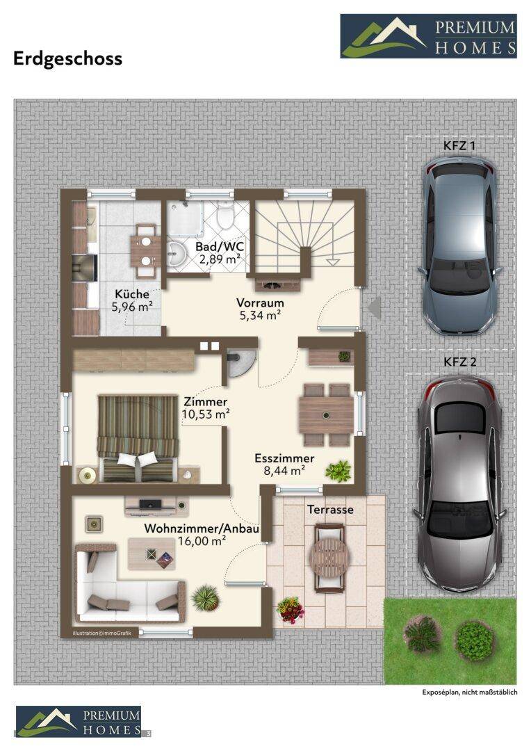 Grundriss des Erdgeschosses mit Wohnzimmer, Esszimmer, Küche und Terrasse.