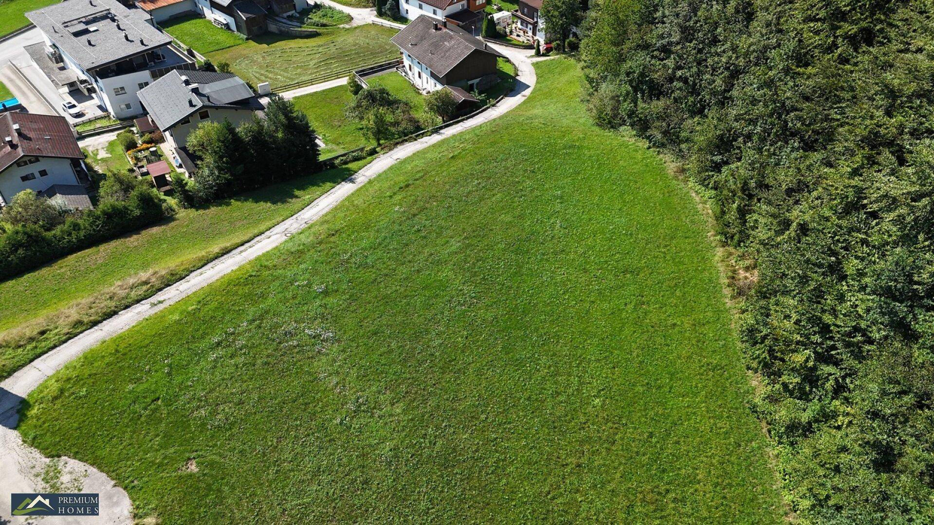 Weitläufige grüne Wiese aus der Vogelperspektive, umgeben von Wald und Wohnbebauung.