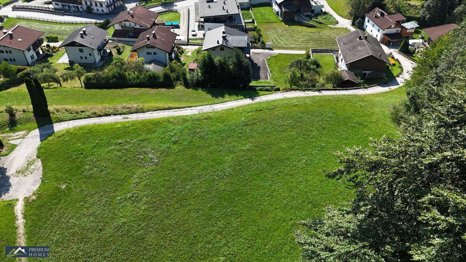 Luftaufnahme eines großen, unverbauten Grünbereichs mit angrenzenden Wohnhäusern und Bäumen.