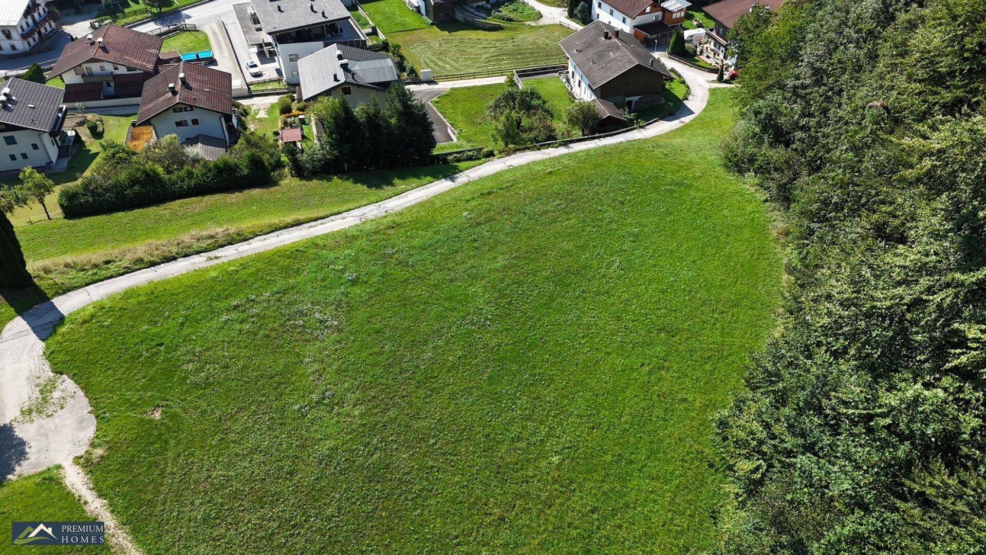 Luftaufnahme einer weitläufigen Grünfläche mit angrenzendem Wald und einigen Wohnhäusern in der Ferne.