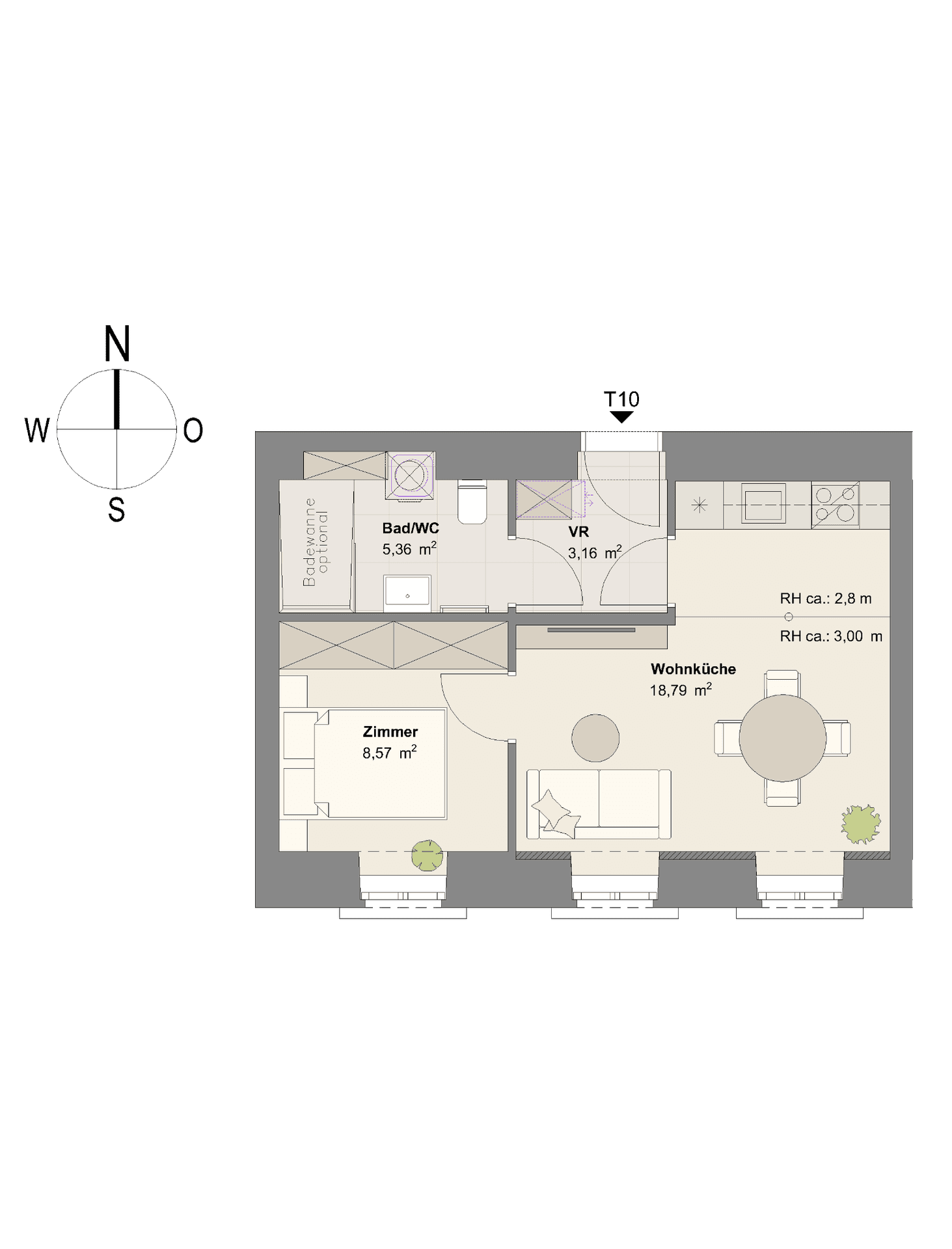 Grundriss einer Wohnung mit offener Wohnküche, einem Schlafzimmer und einem Badezimmer mit optionaler Badewanne.