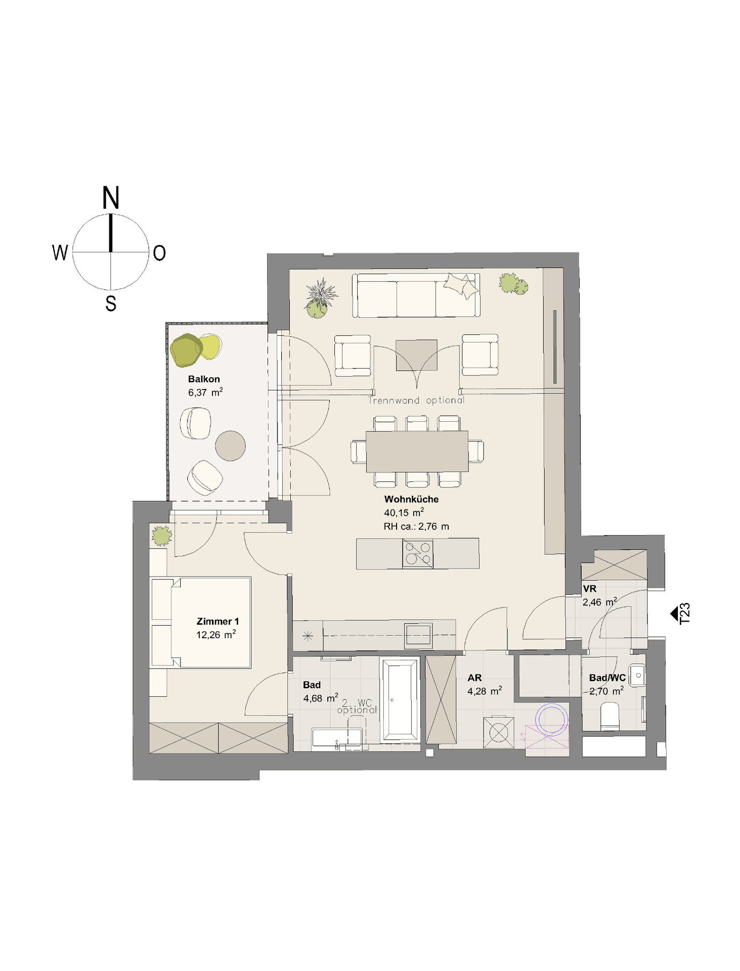 Grundriss einer Wohnung mit offenem Wohn- und Küchenbereich, einem Schlafzimmer, zwei Bädern und Balkon.