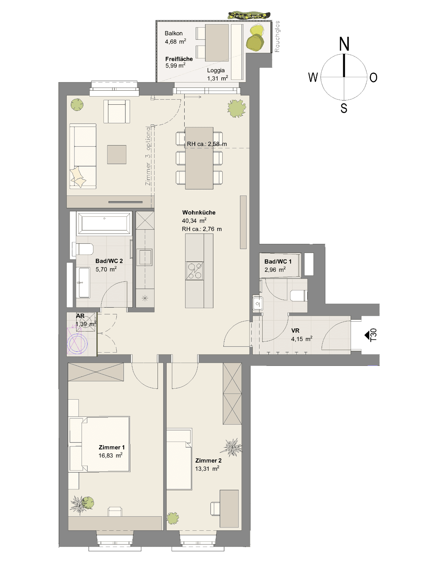 Grundriss einer Wohnung mit offener Wohnküche, drei Zimmern, zwei Bädern, Balkon und Loggia.