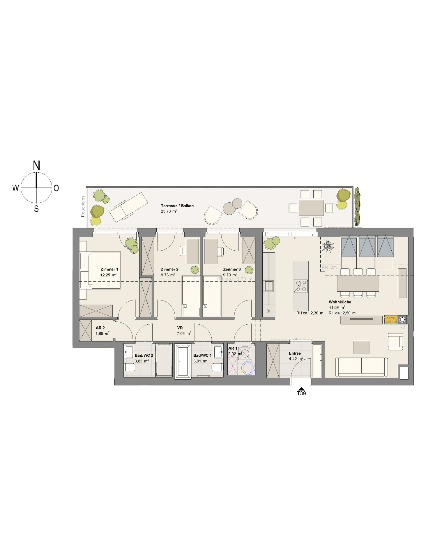 Grundriss einer Wohnung mit drei Zimmern, offenem Wohnbereich, zwei Bädern und großer Terrasse.