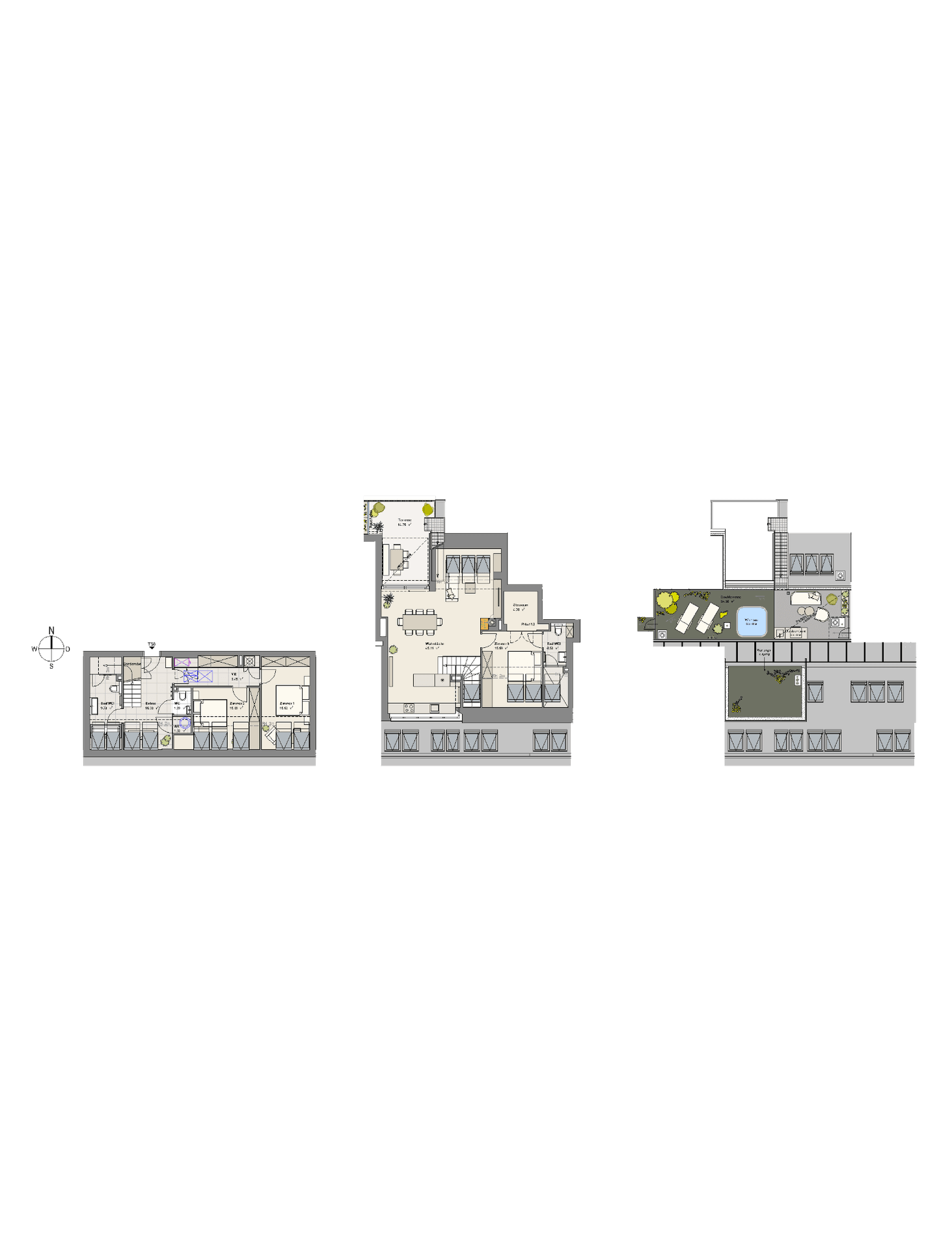 Grundrisspläne zeigen eine mehrstöckige Wohnung mit Dachterrasse und privatem Pool.