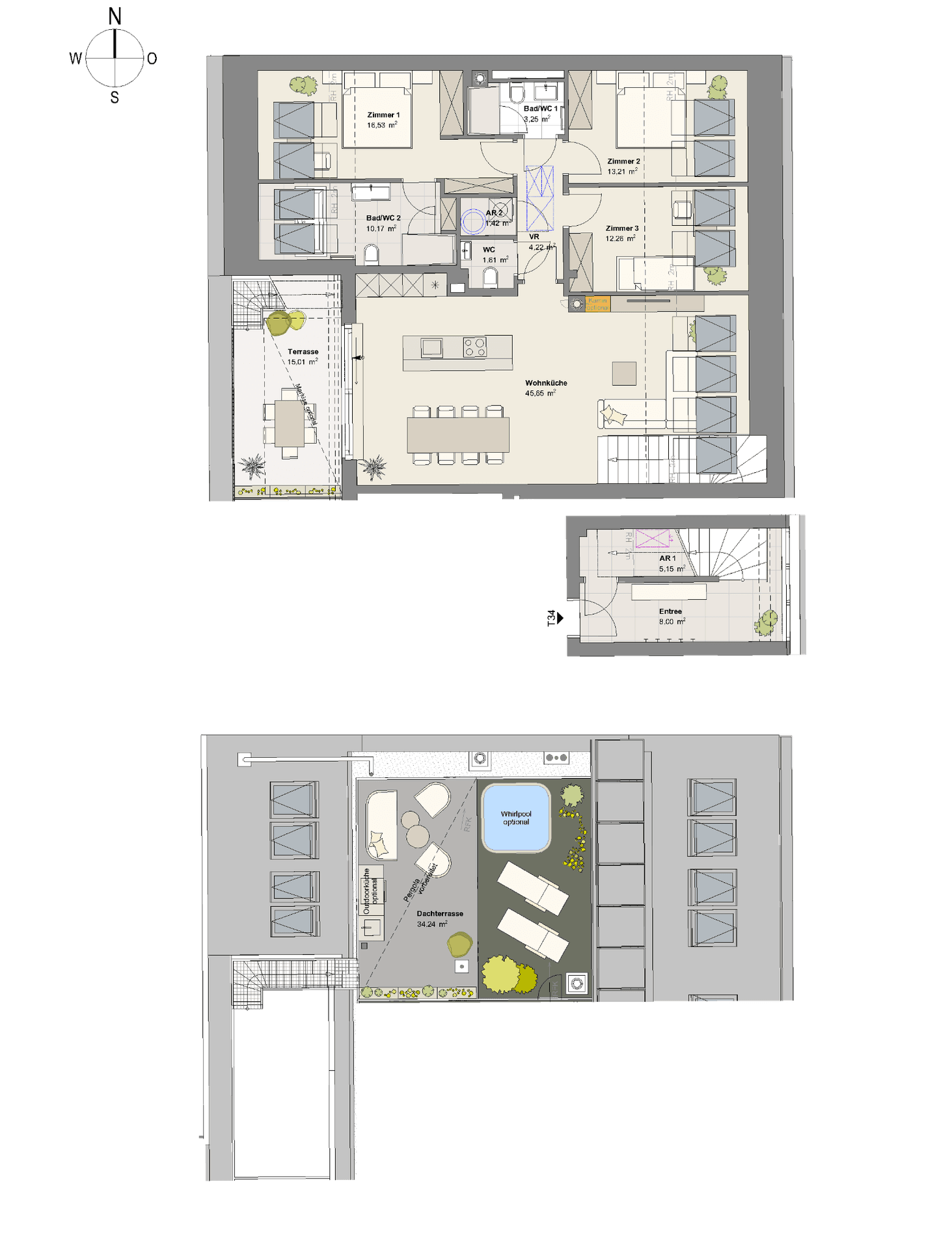 Grundrissplan einer Maisonette-Wohnung mit Dachterrasse und mehreren Zimmern.