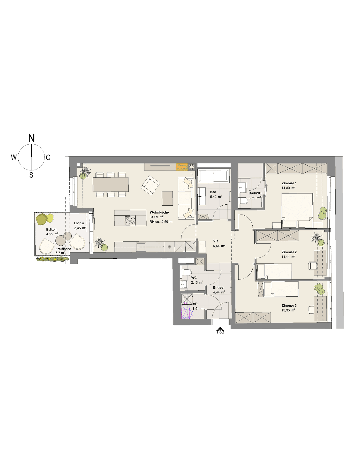 Detaillierter Grundriss einer Wohnung mit drei Zimmern, offenem Wohnbereich, Loggia und Balkon.
