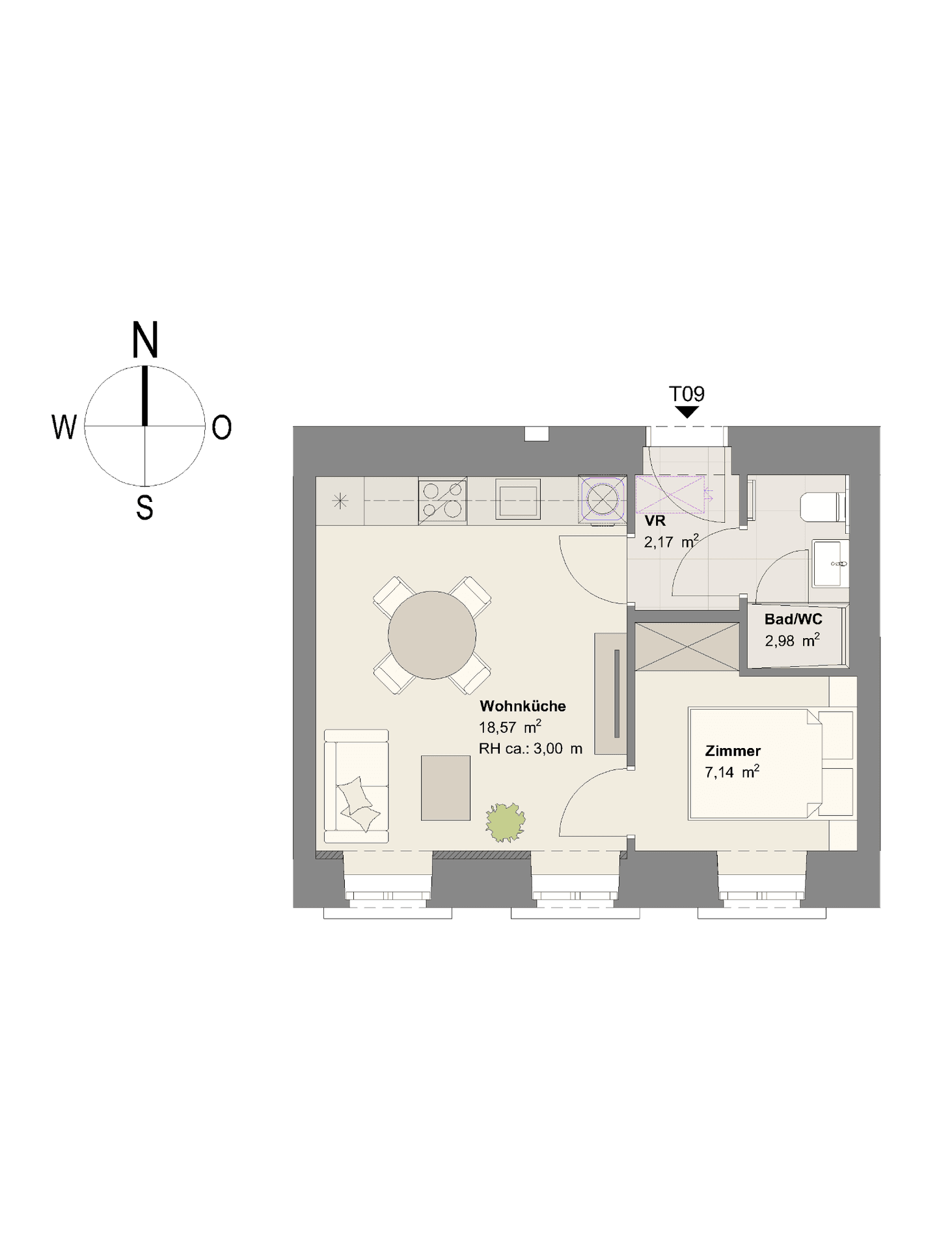 Grundriss einer kleinen Wohnung mit Wohnküche, Schlafzimmer und Bad/WC.