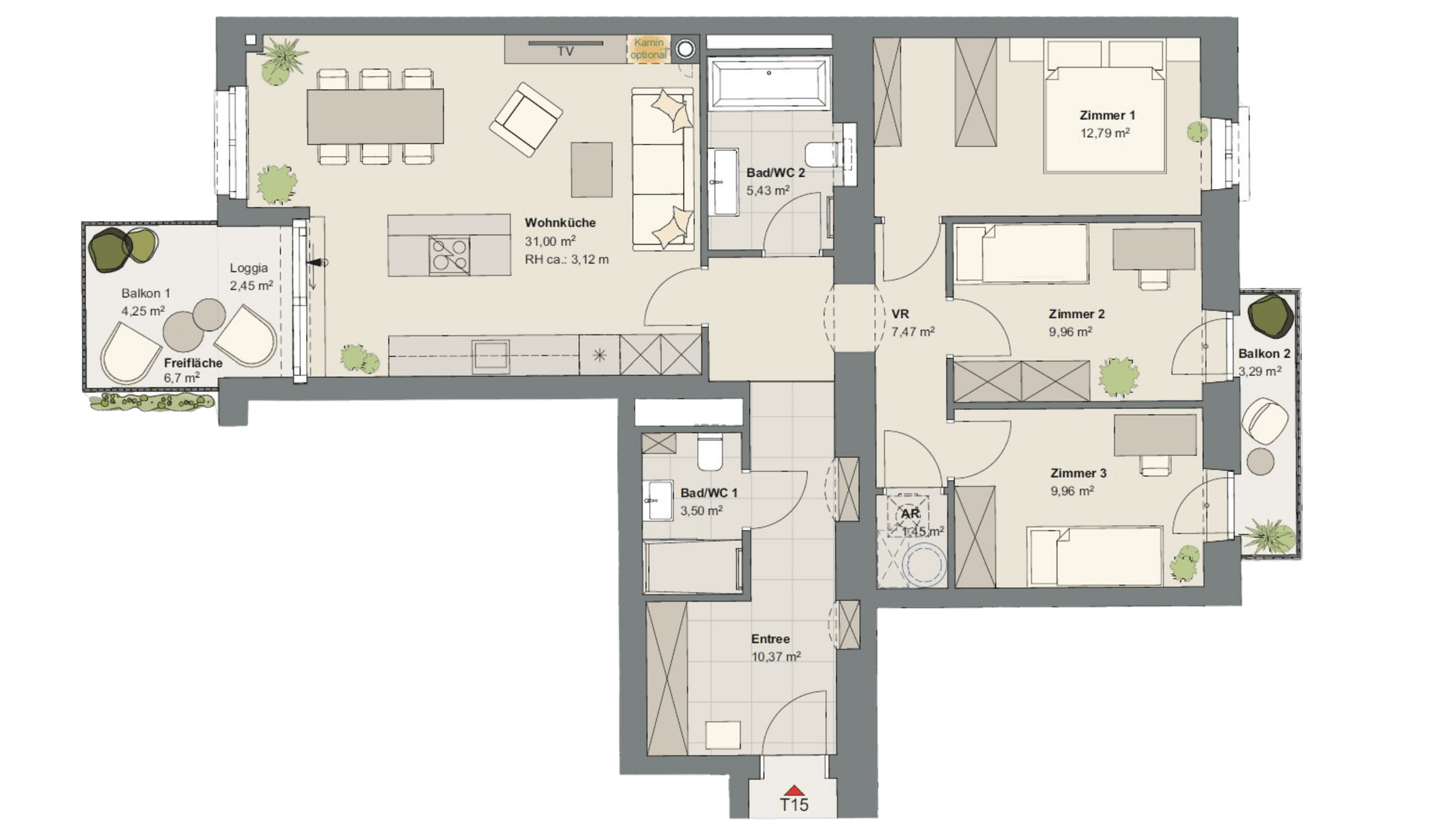 Detaillierter Grundriss einer Wohnung mit drei Zimmern, offener Wohnküche und zwei Balkonen.