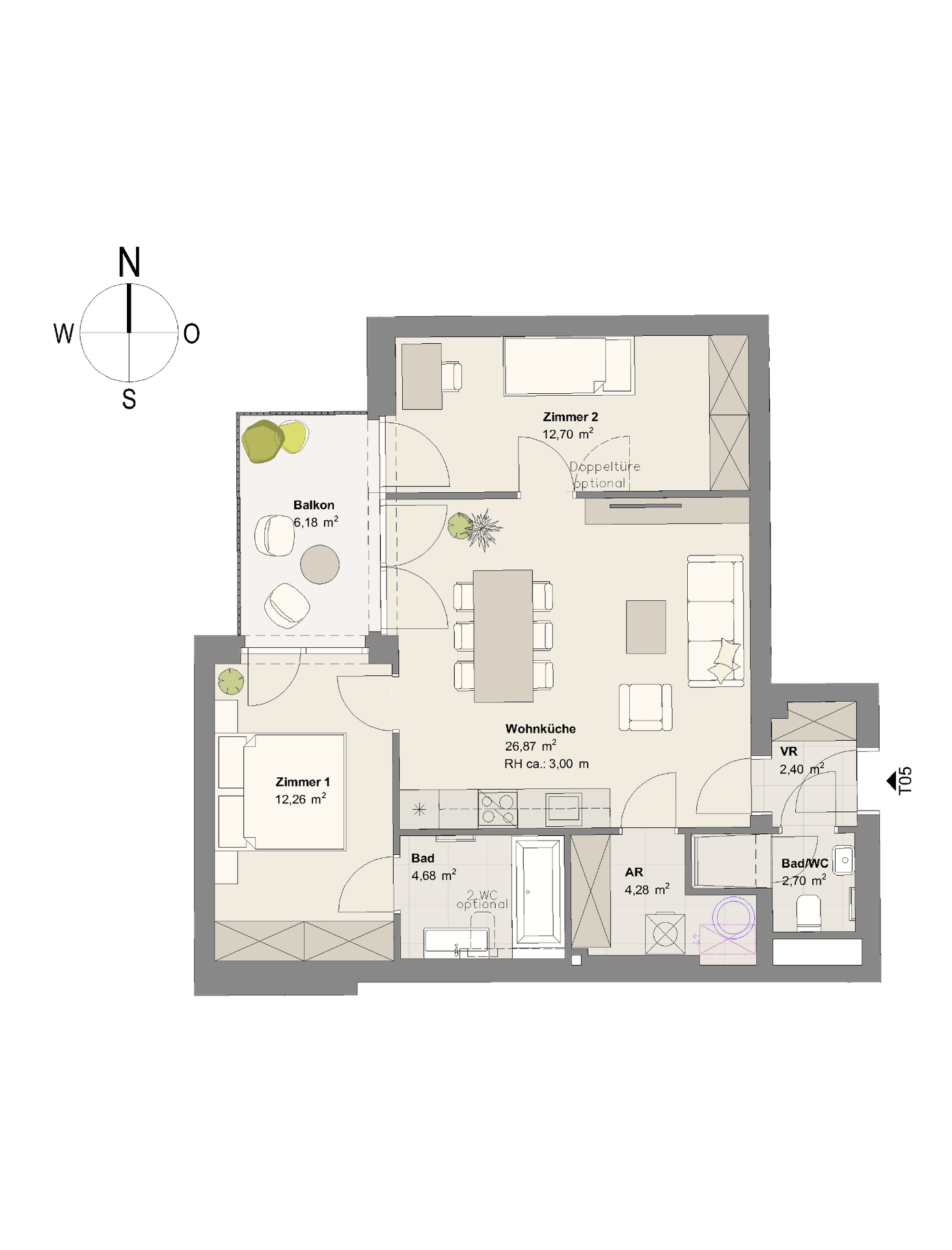Grundriss einer Wohnung mit zwei Schlafzimmern, offenem Wohnbereich und einem Balkon.