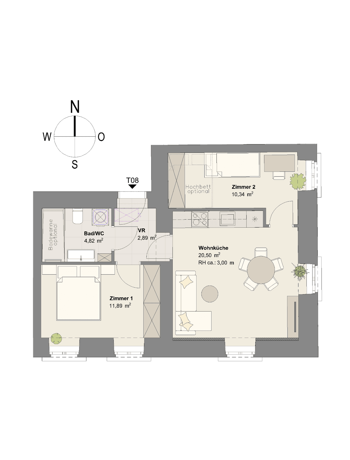 Grundriss einer Wohnung mit zwei Zimmern, Wohnküche und Bad/WC.