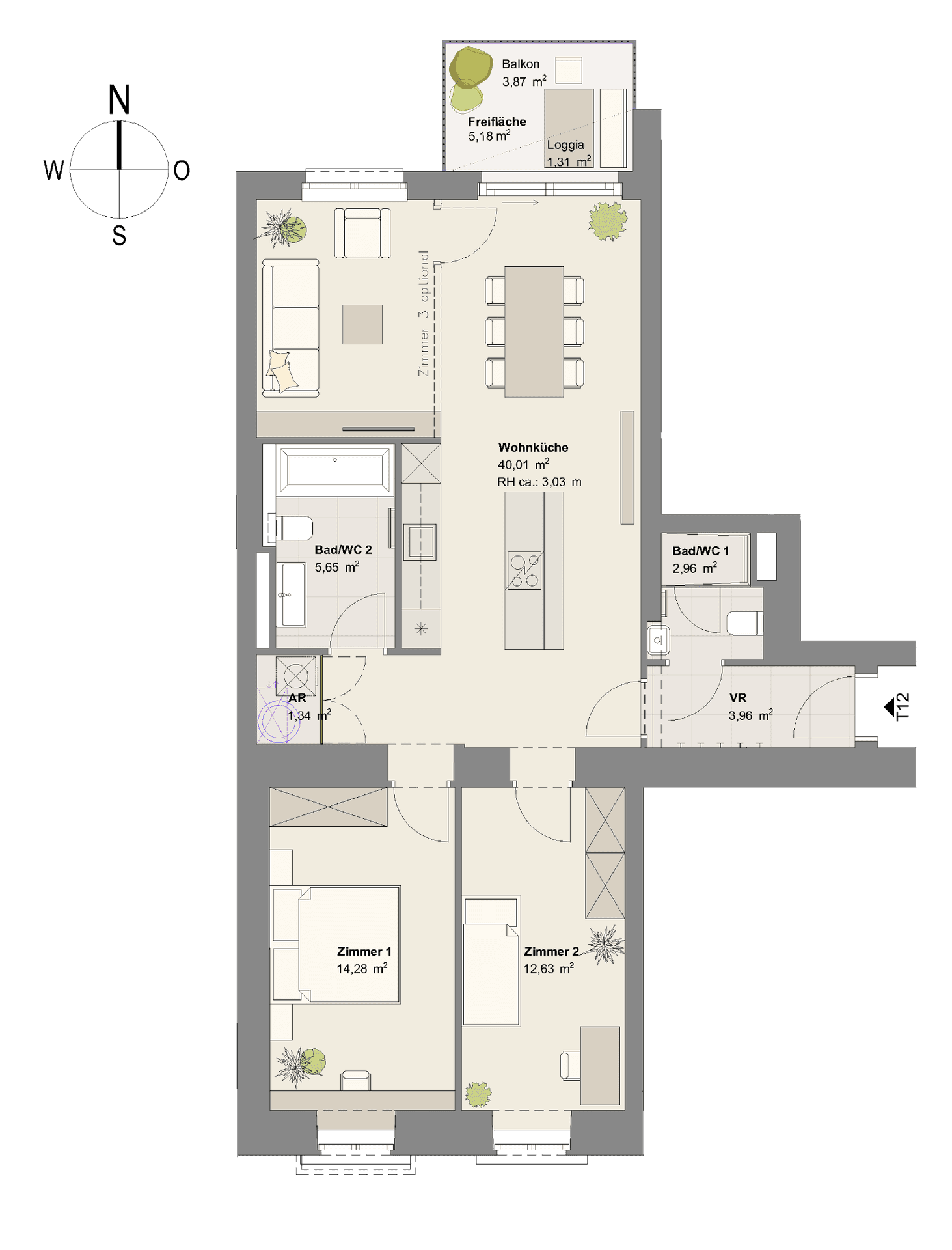 Grundriss einer Wohnung mit offenem Wohnbereich, zwei Schlafzimmern, zwei Bädern und Balkon.