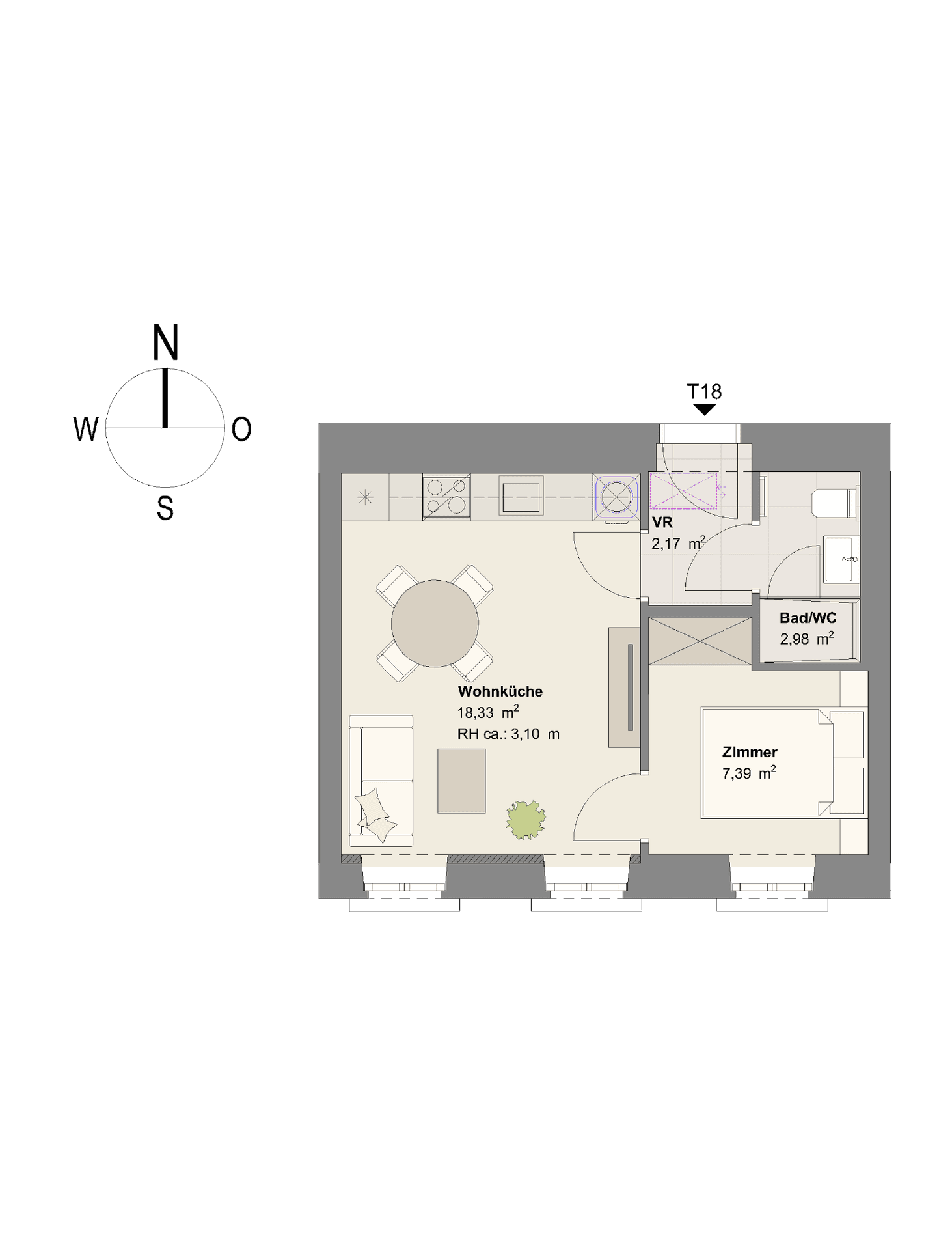 Grundriss einer kleinen Wohnung mit offener Wohnküche, Schlafzimmer und Bad.