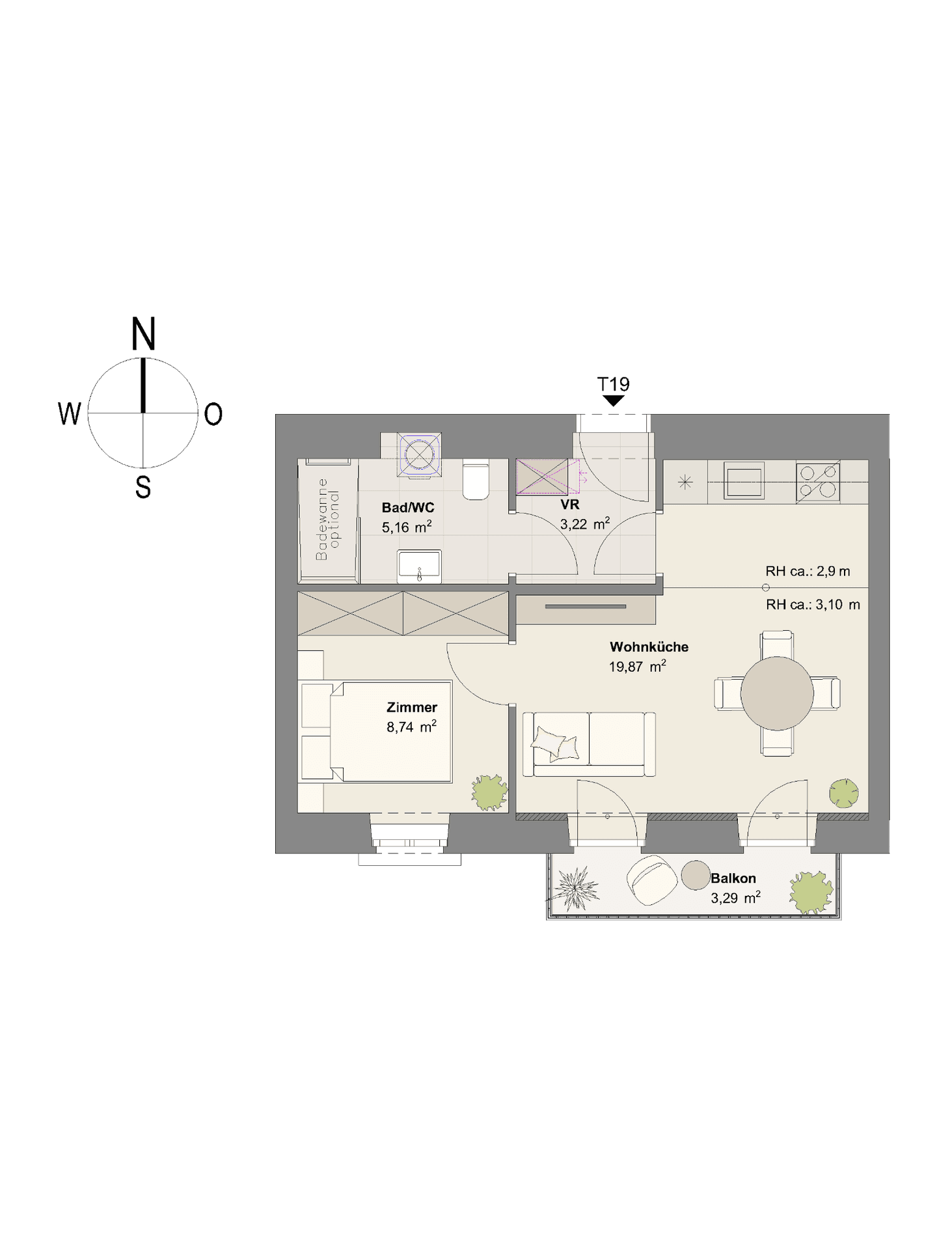 Grundriss einer Wohnung mit offener Wohnküche, Bad und Balkon.