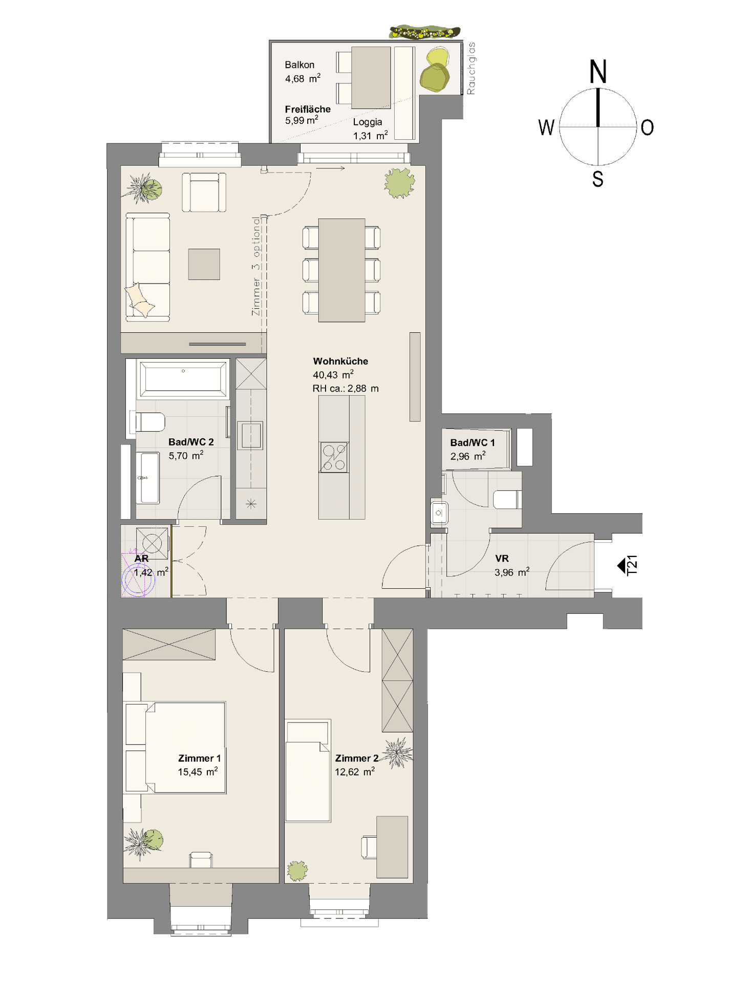 Grundriss einer Wohnung mit offener Wohnküche, zwei Schlafzimmern und Balkonzugang.