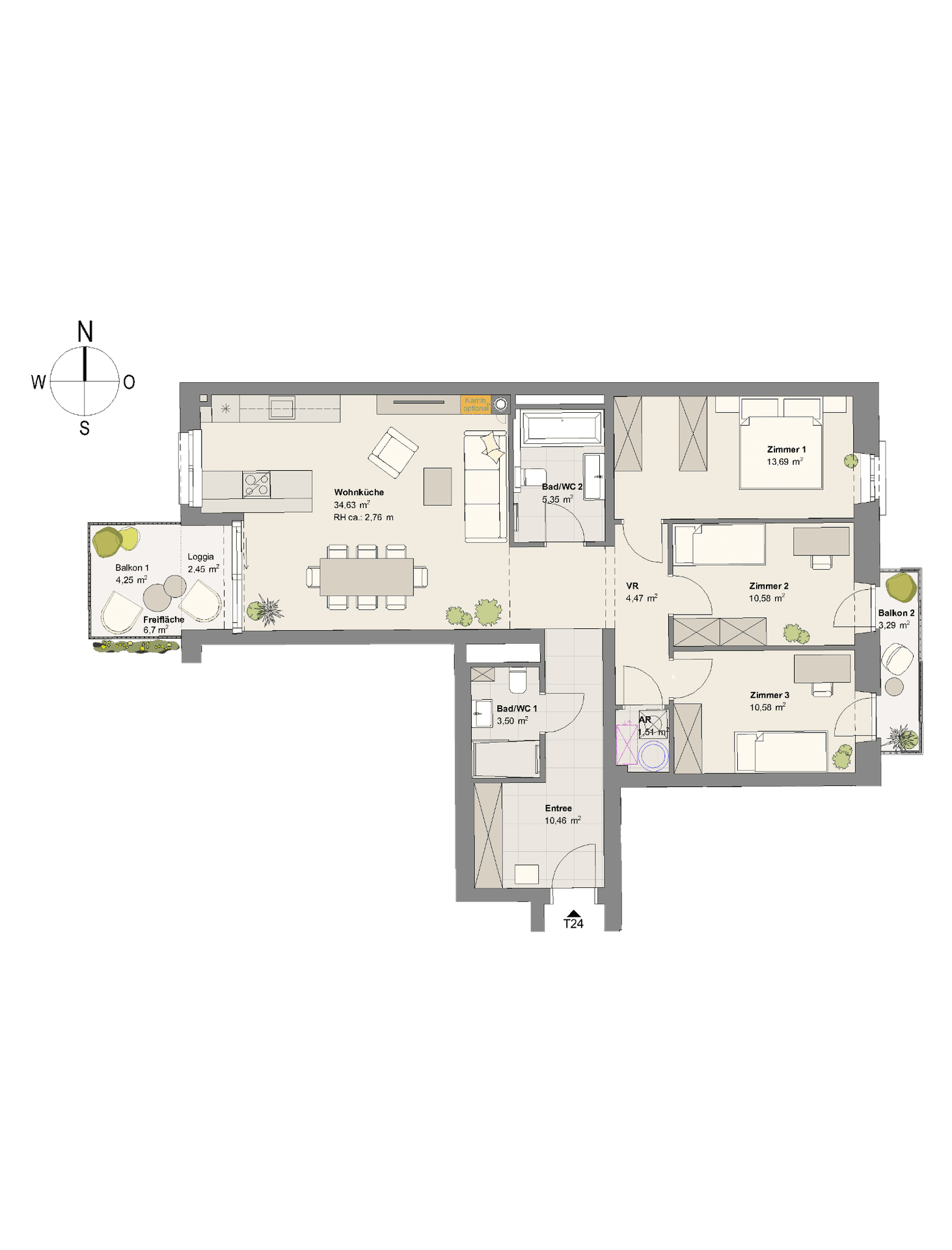 Grundriss einer Wohnung mit drei Zimmern, offener Wohnküche, zwei Bädern und zwei Balkonen.