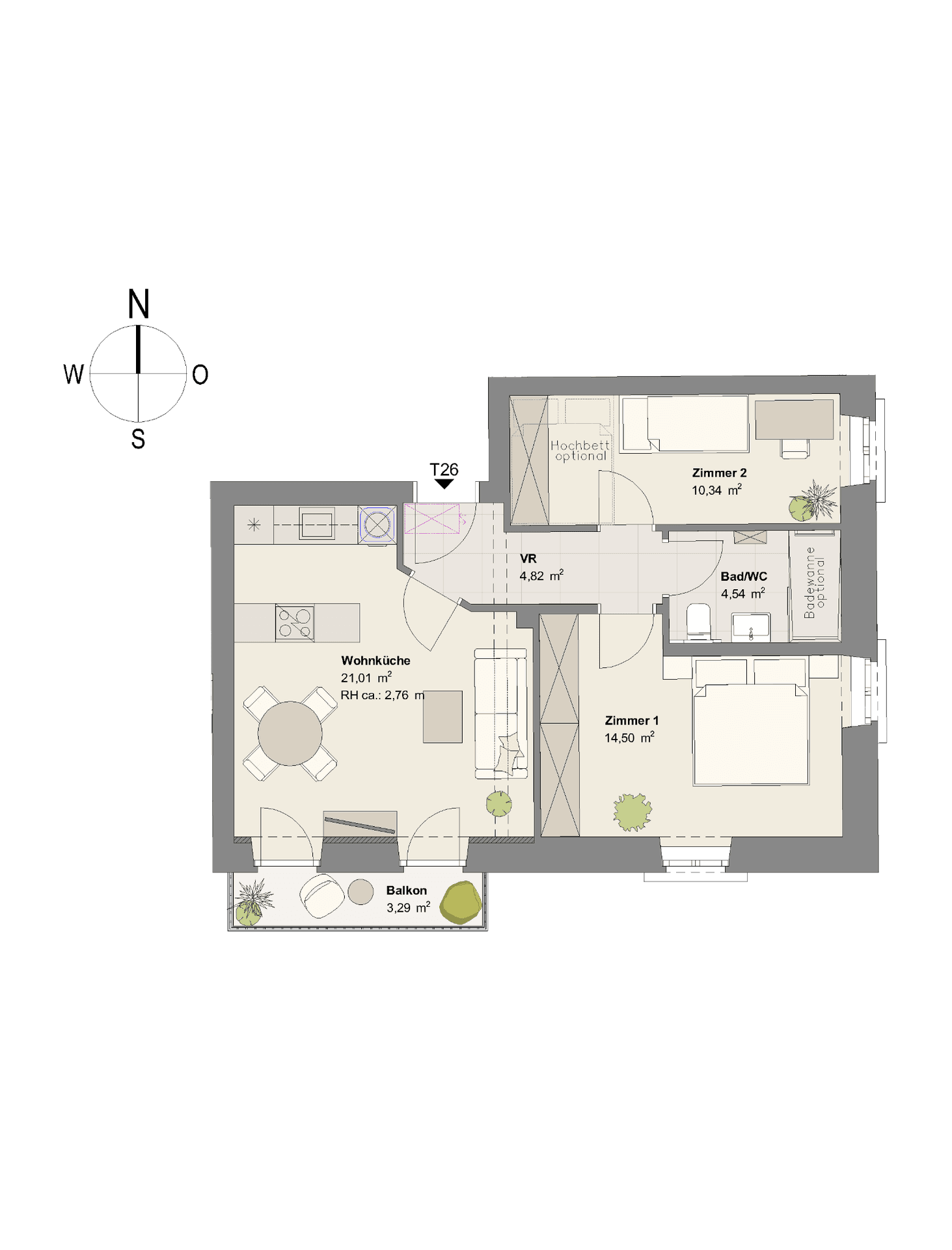 Grundriss einer Wohnung mit offener Wohnküche, zwei Zimmern und Balkon.