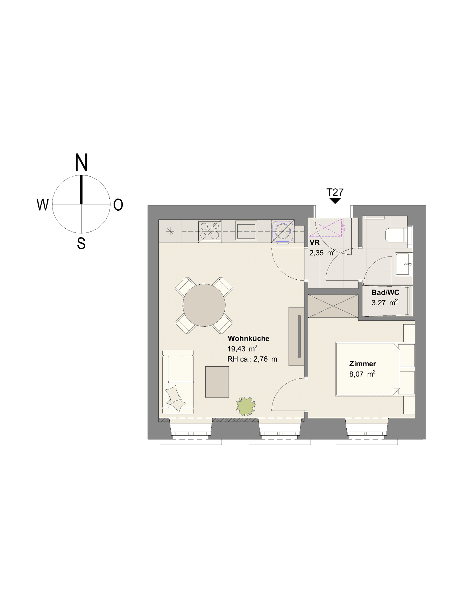 Grundriss einer Wohnung mit offener Wohnküche, Schlafzimmer und Bad/WC.