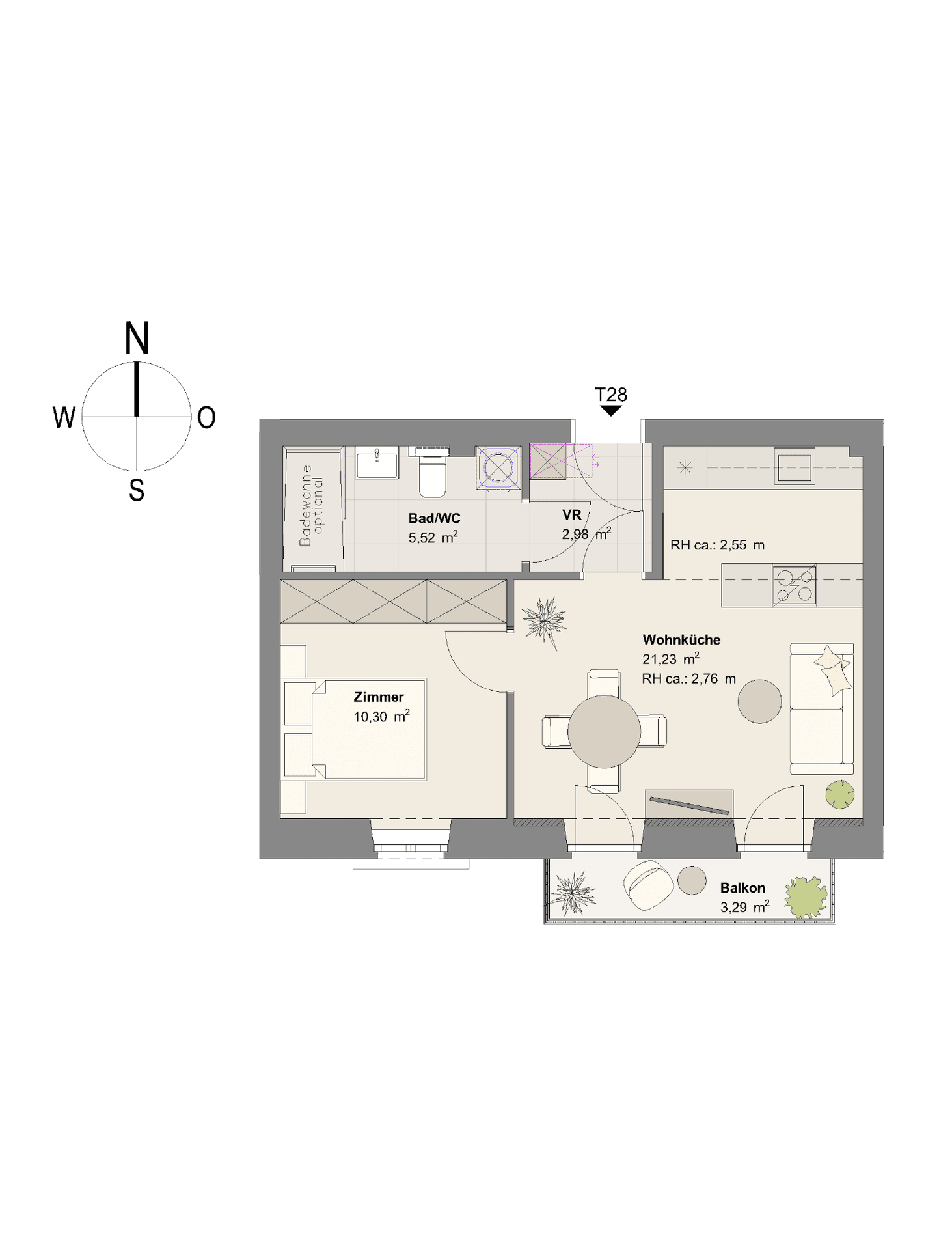 Grundriss einer Wohnung mit Wohnküche, Schlafzimmer, Bad und Balkon.