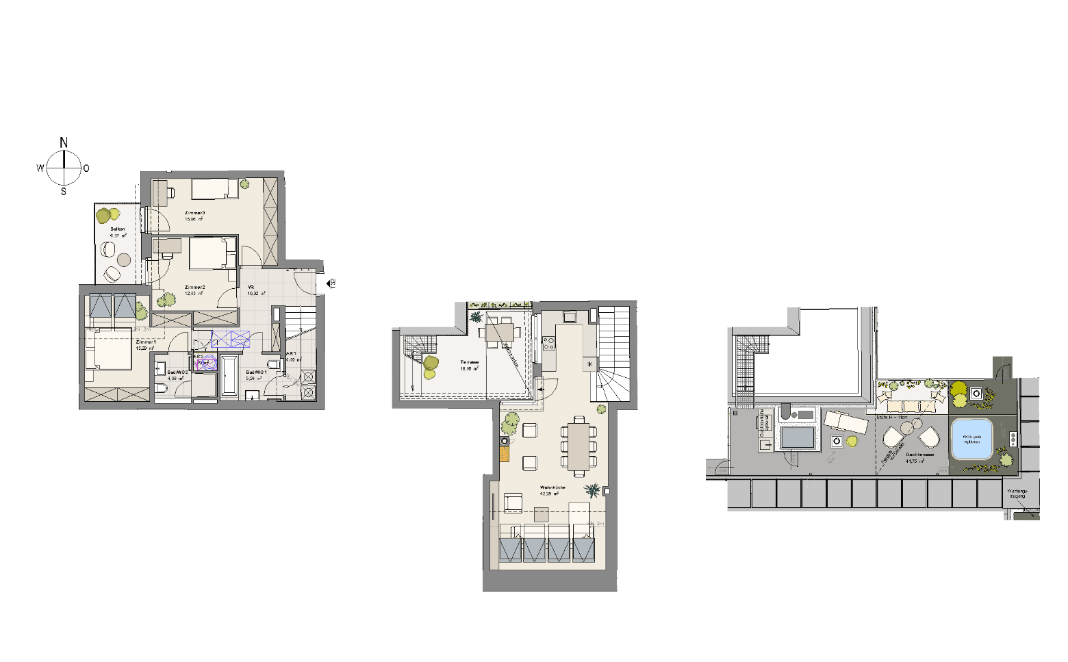 Grundrisspläne zeigen verschiedene Ebenen mit Balkonen, Terrassen und einem Whirlpool.