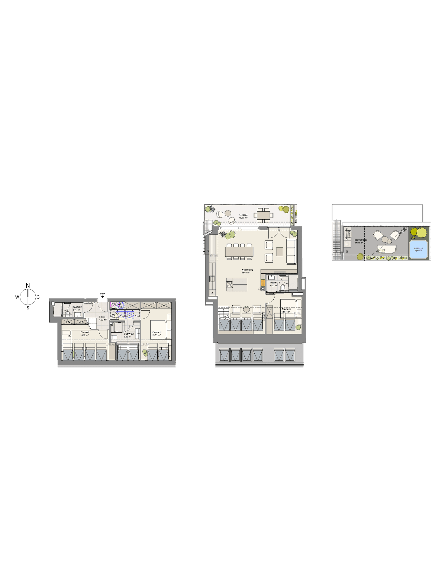 Grundrisspläne zeigen die Aufteilung von Wohnungen über mehrere Ebenen mit Balkonen und Dachterrassen.
