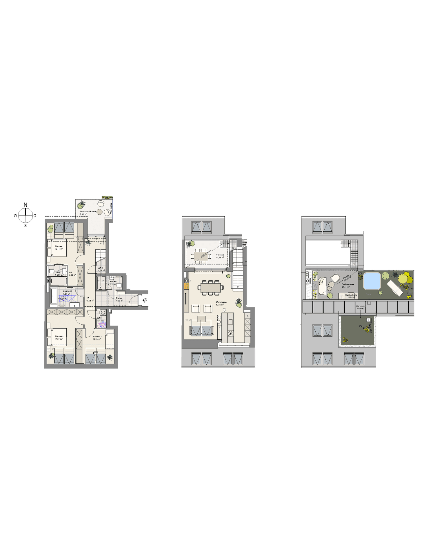 Dreiteiliger Grundriss einer Wohnung mit mehreren Ebenen, Balkon und Dachterrasse.