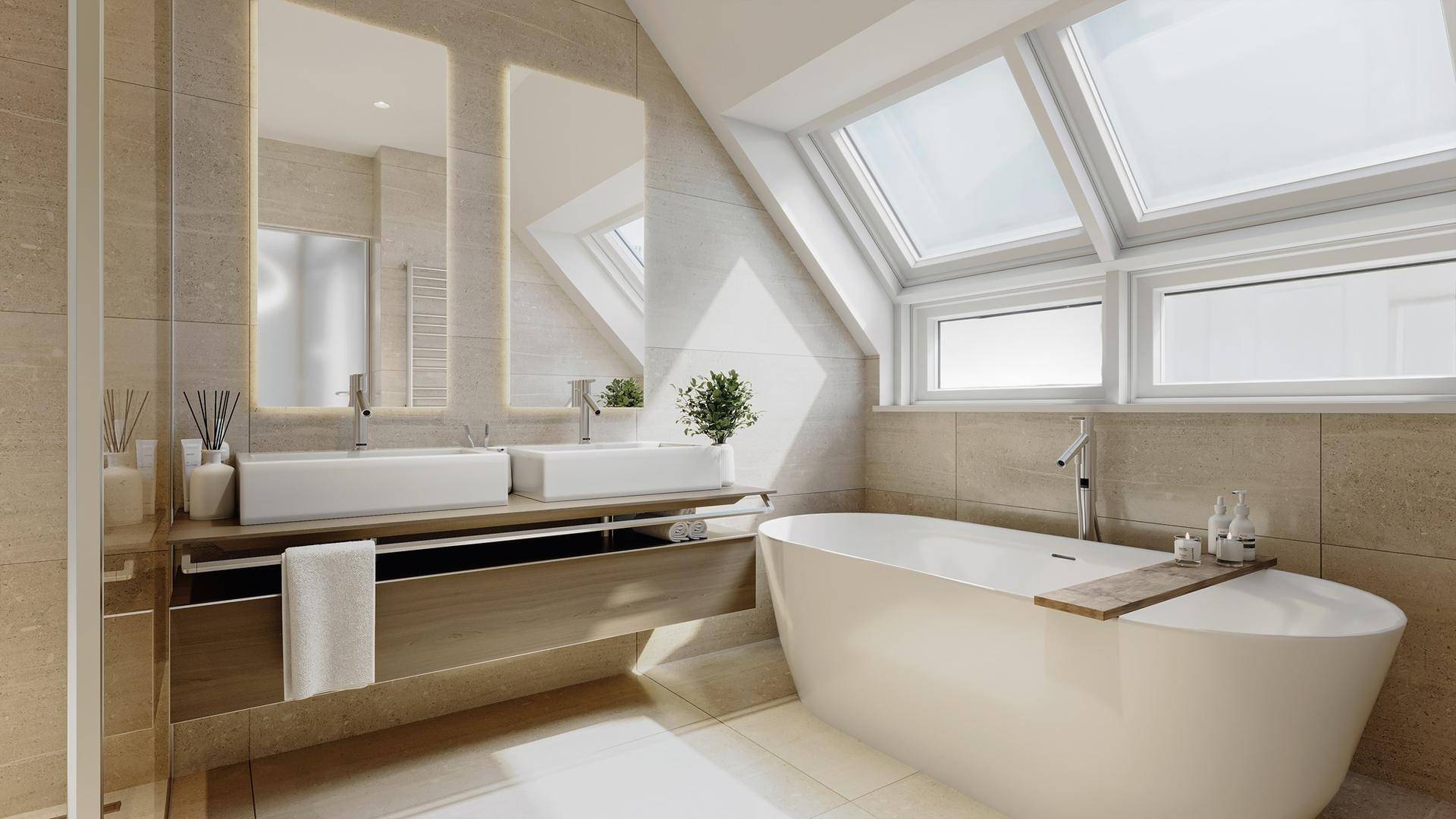 Helles, modernes Badezimmer mit freistehender Badewanne, Doppelwaschbecken und Dachfenstern.