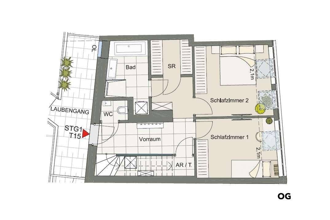 Grundriss des Obergeschosses mit zwei Schlafzimmern, Bad und separatem WC.