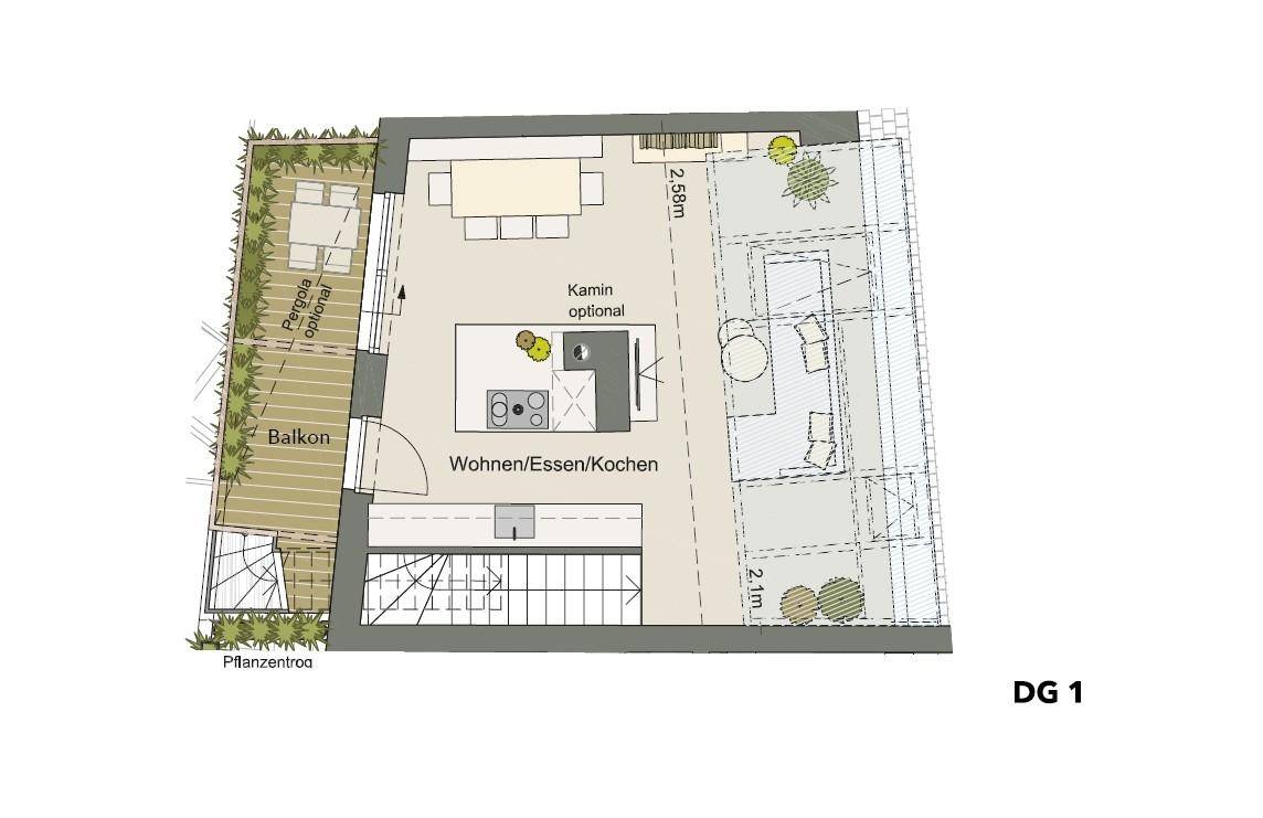 Grundriss des Dachgeschosses mit offenem Wohn-Essbereich, Küche und Balkon.