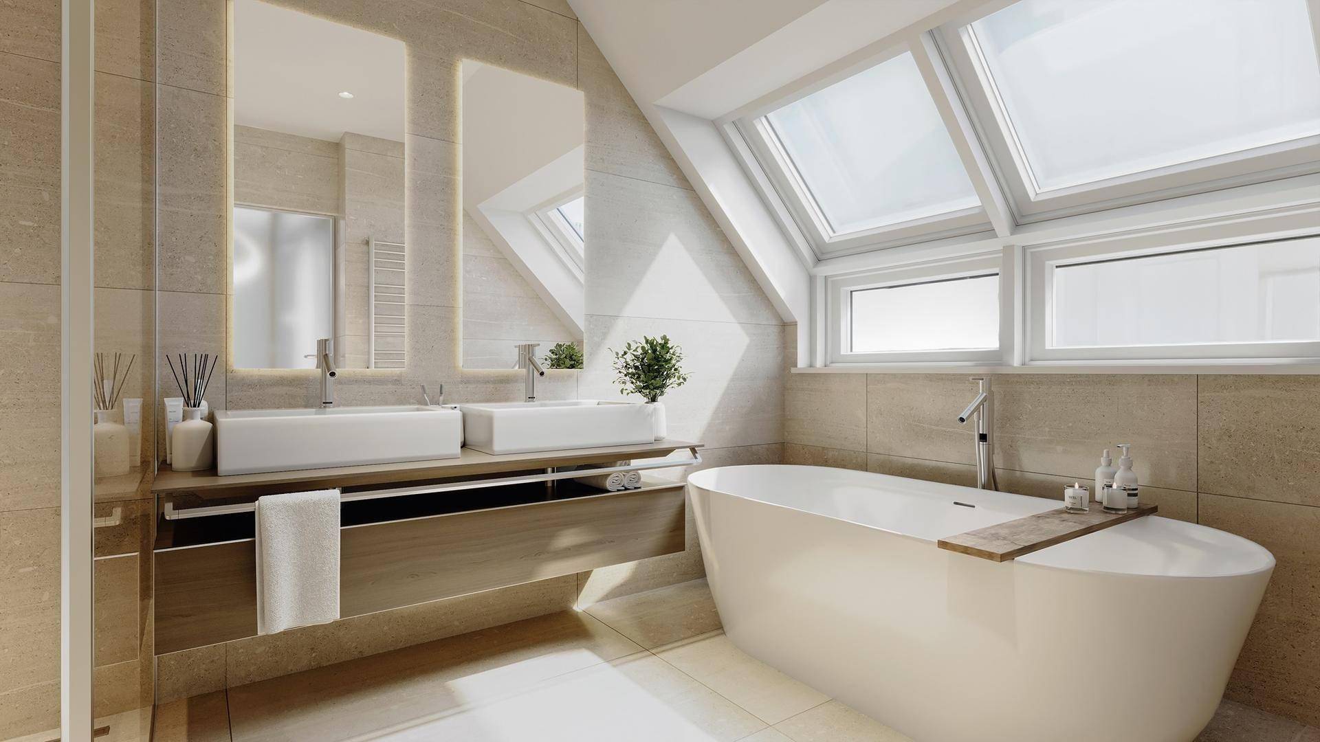 Modernes Badezimmer mit freistehender Badewanne, Doppelwaschbecken und Dachfenstern.