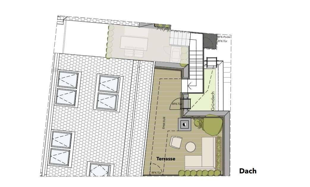 Grundriss der Dachterrasse mit Sitzbereich, Gründach und Zugang über eine Treppe.