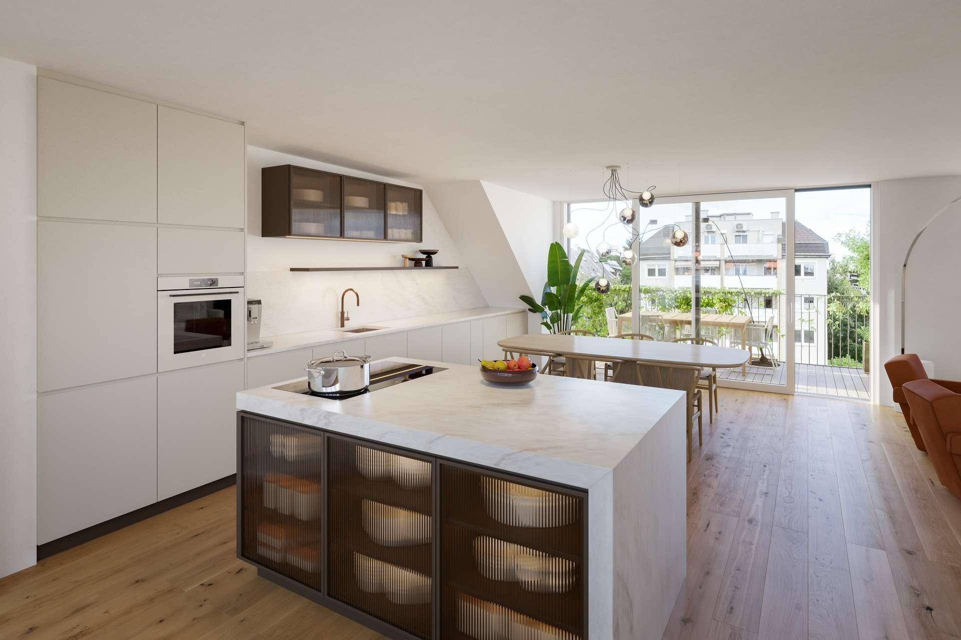 Moderne Küche mit Kochinsel, integrierten Geräten und Essbereich mit Balkonzugang.