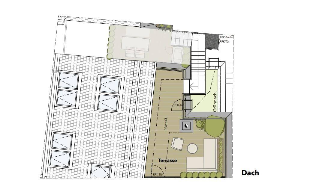 Grundriss der Dachterrasse mit großzügigem Sitzbereich, Grünflächen und Treppenzugang.