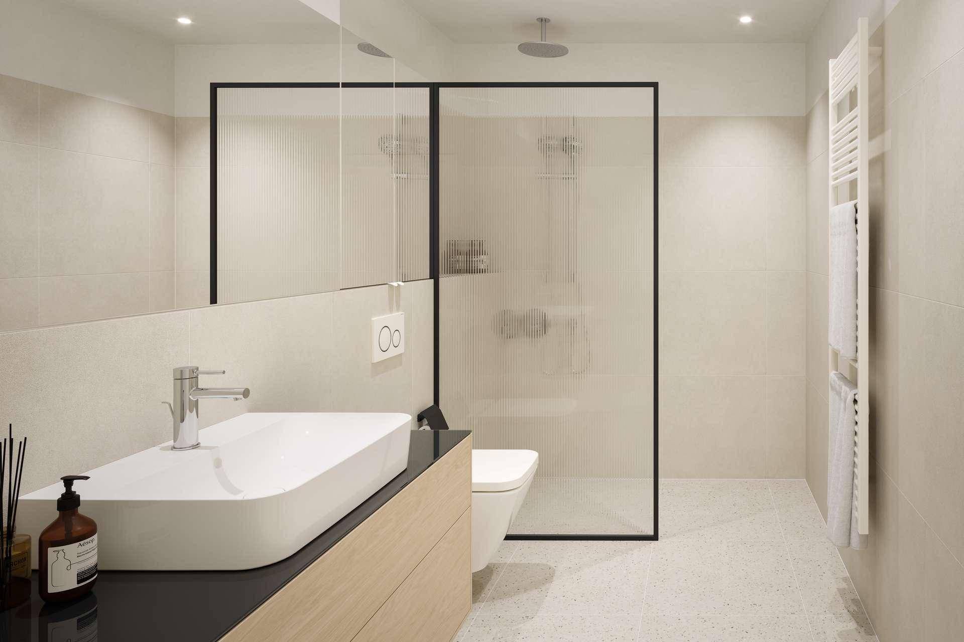 Modernes Badezimmer mit begehbarer Dusche, elegantem Waschbecken und beheiztem Handtuchhalter.