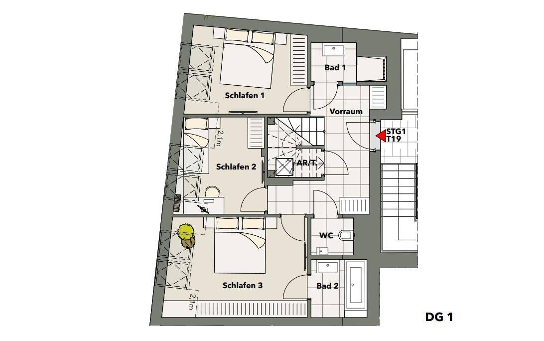 Grundriss der unteren Dachgeschossebene mit drei Schlafzimmern, zwei Bädern und separatem WC.