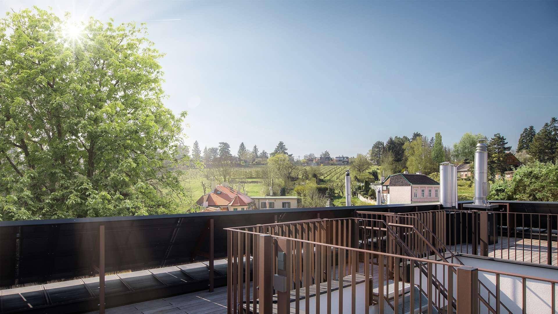 Sonniger Dachterrassenbereich mit weitem Blick über grüne Hügel und die umliegende Landschaft.