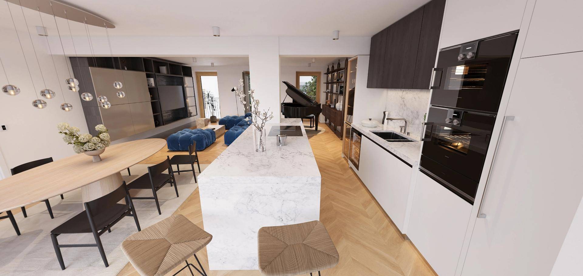 Geräumiger offener Wohnbereich mit moderner Küche, Essbereich und Blick auf das Wohnzimmer.