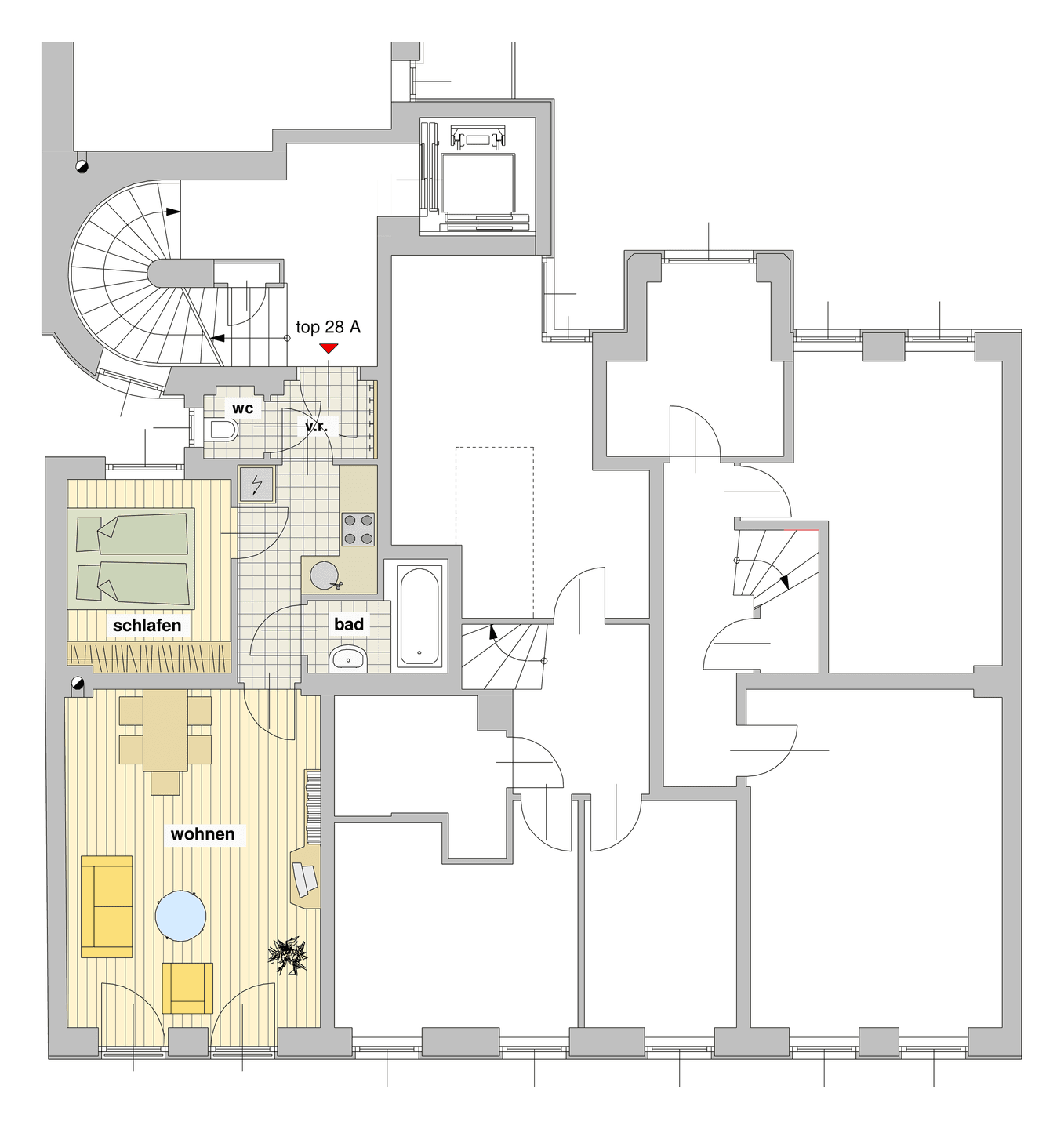 Grundriss der Wohnung mit Wohnzimmer, Schlafzimmer, Bad, WC und Wendeltreppe.