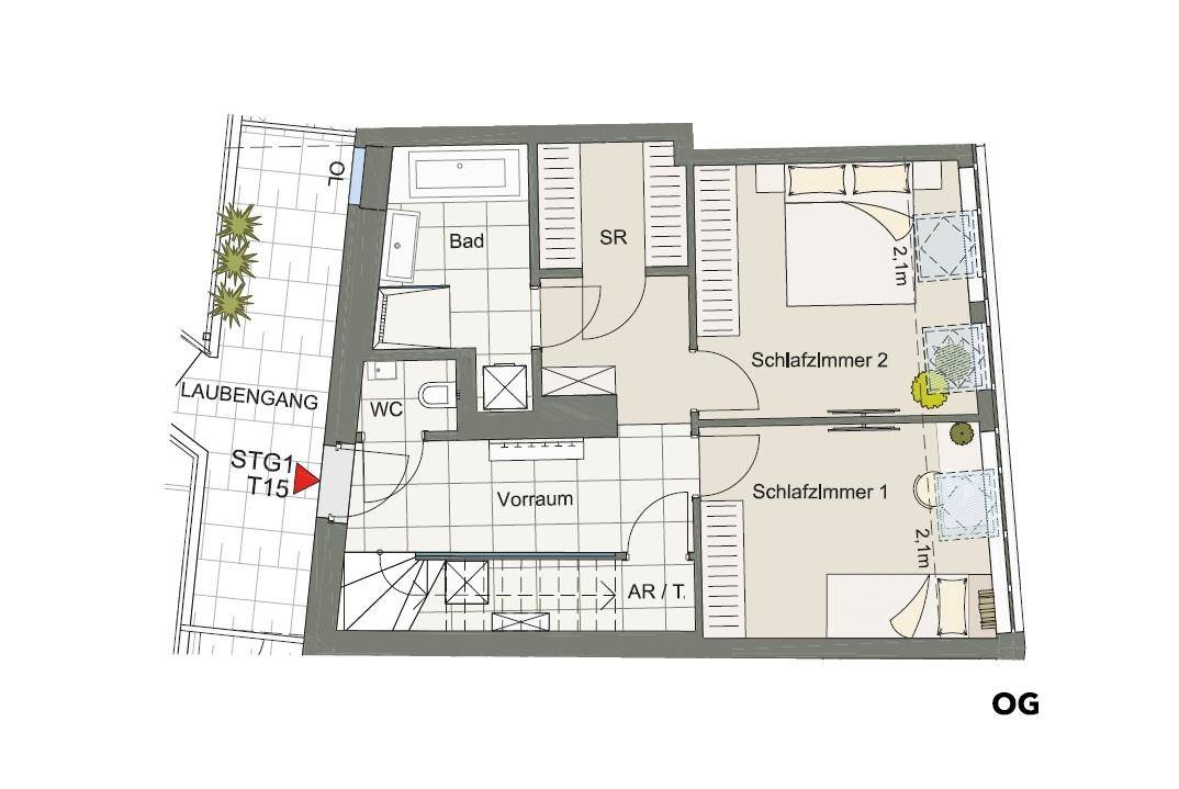 Grundriss des Obergeschosses mit zwei Schlafzimmern, Bad und separatem WC.