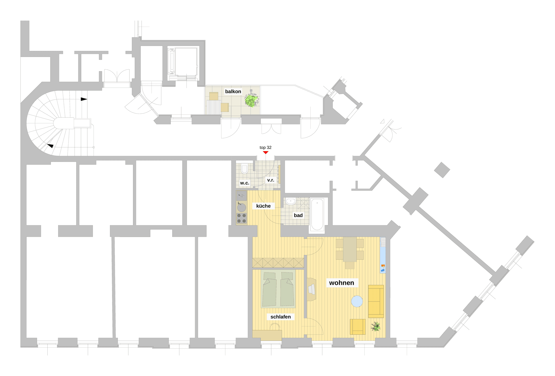 Grundriss der Wohnung mit Schlafzimmer, Wohnbereich, Küche und Balkon.