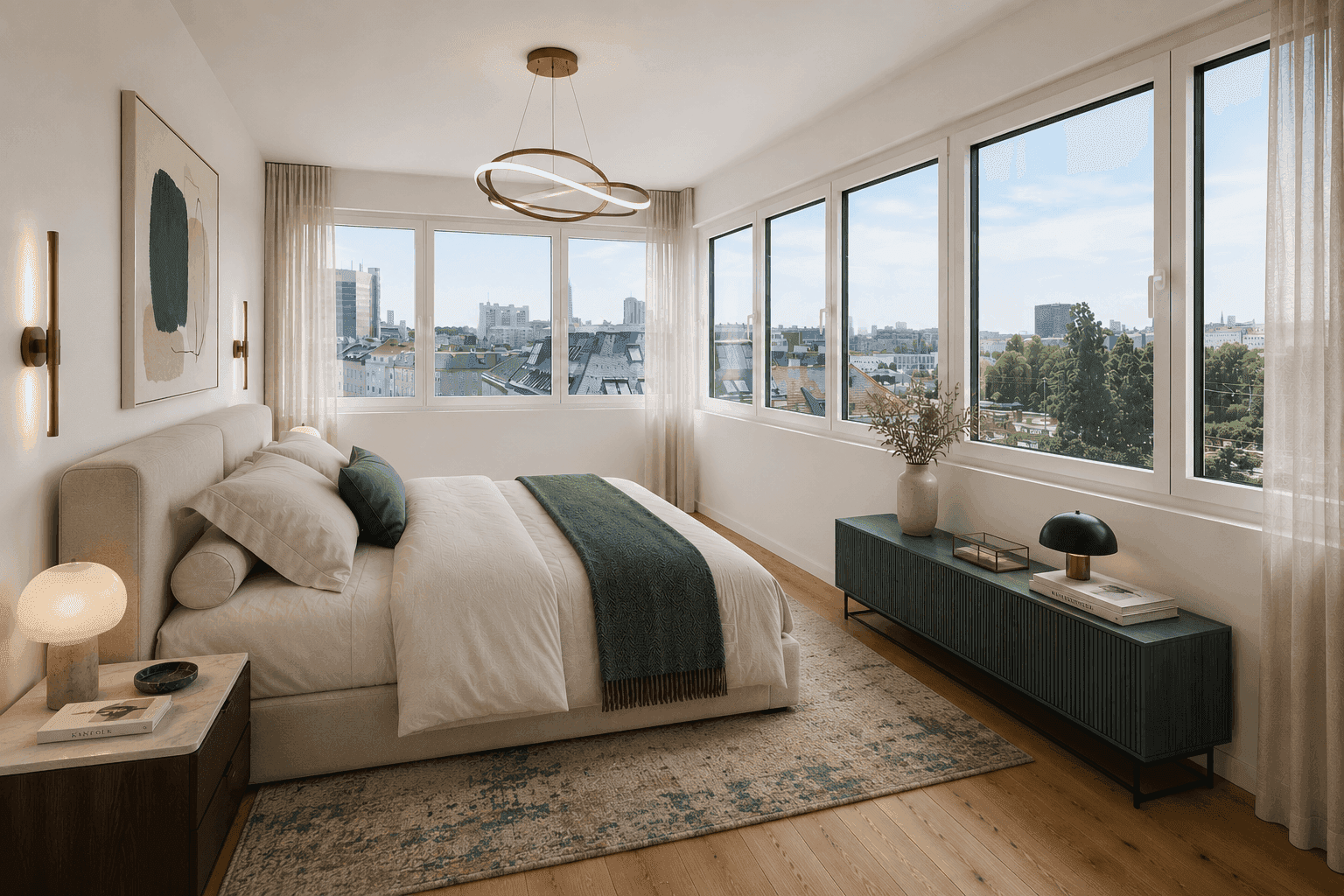 Modernes Schlafzimmer mit großen Fenstern, Holzboden und weitem Blick über die Stadtlandschaft.